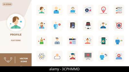 Thoughtfully designed 24 vector icons themed around Profile, crafted in Flat with 128x128 PIXEL perfect precision for contemporary design needs. Stock Vector