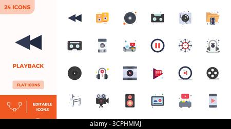 High-performance collection of 24 Flat Color vector icons for Playback, engineered with 128x128 PIXEL perfect resolution for optimal user interface de Stock Vector