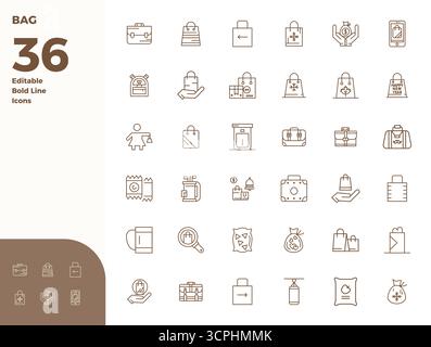Enhance your projects with 36 Bold Line vector icons themed around Bag, featuring 128x128 PIXEL perfect resolution ideal for clean and professional de Stock Vector