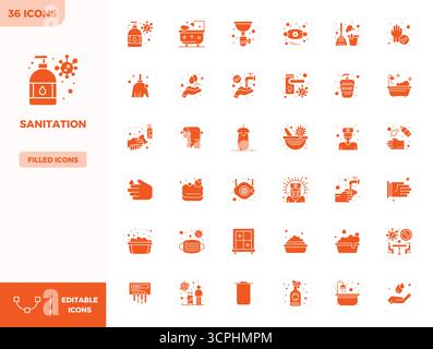 This collection features 36 Filled PIXEL perfect vector icons tailored to the Sanitation theme, optimized in 128x128 format for digital design. Stock Vector