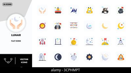 This set of 24 Flat vector icons captures Lunar themes in 128x128 PIXEL perfect quality, perfect for tech and business applications. Stock Vector