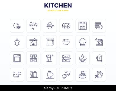 A dynamic set of 24 vector icons in Strong Outline, tailored for Kitchen with 128x128 PIXEL perfect quality suited for digital products. Stock Vector