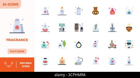 Set of 24 Flat Color PIXEL perfect vector icons themed around Fragrance, crafted in 128x128 resolution for seamless integration in apps and websites. Stock Vector