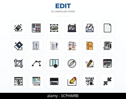 Beautifully rendered 24 LineFill PIXEL perfect vector icons for Edit, created at 128x128 resolution for stunning visual consistency across platforms. Stock Vector