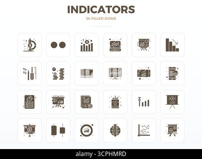 Revolutionary set of 24 PIXEL perfect vector icons inspired by Indicators, created in SolidFill format at 128x128 resolution for cutting-edge design. Stock Vector