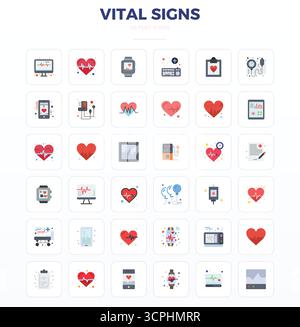 A clean collection of 36 Minimal Flat vector icons representing Vital Signs, designed in 128x128 PIXEL perfect format for modern dashboards and interf Stock Vector