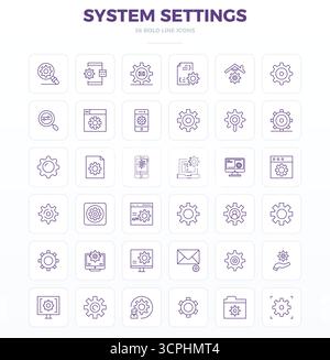 High-performance collection of 36 Strong Outline vector icons for System Settings, engineered with 128x128 PIXEL perfect resolution for optimal user i Stock Vector