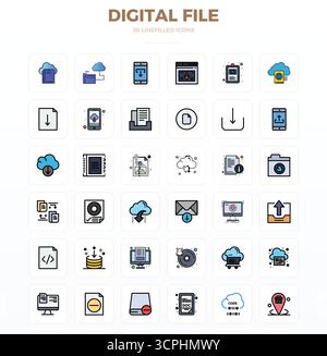 Enhance your projects with 36 LineFill vector icons themed around Digital File, featuring 128x128 PIXEL perfect resolution ideal for clean and profess Stock Vector