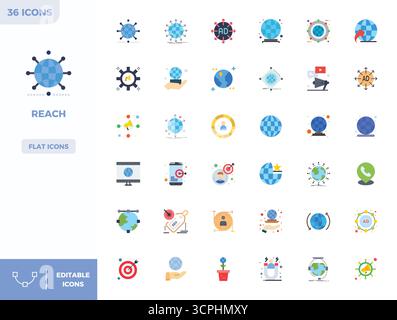Set of 36 Flat Color PIXEL perfect vector icons themed around Reach, crafted in 128x128 resolution for seamless integration in apps and websites. Stock Vector