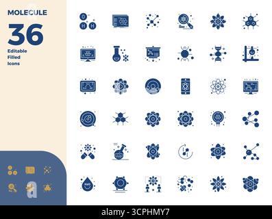 Meticulously crafted 36 Glyph Filled vector icons for Molecule, delivered in 128x128 PIXEL perfect quality for uncompromising design standards. Stock Vector