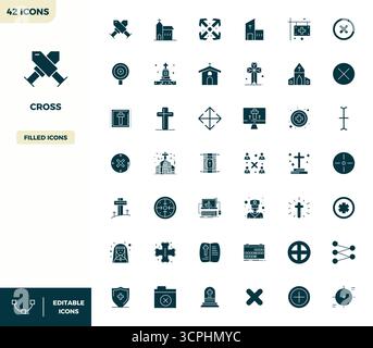 Complete package of 42 vector icons themed around Cross, showcasing Filled design in 128x128 PIXEL perfect quality for modern interfaces. Stock Vector