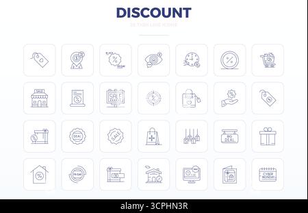 Premium collection of 28 Thin Outline vector icons for Discount, meticulously crafted in 128x128 PIXEL perfect resolution for superior visual impact. Stock Vector