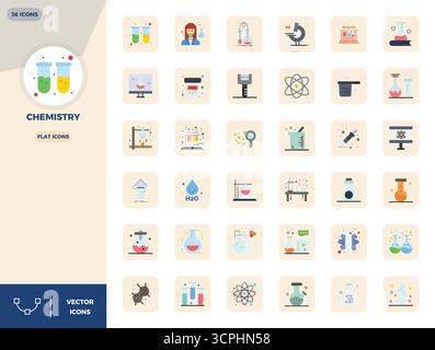 Download 36 scalable Flat vector icons designed for Chemistry, featuring PIXEL perfect 128x128 resolution suitable for professional and creative proje Stock Vector