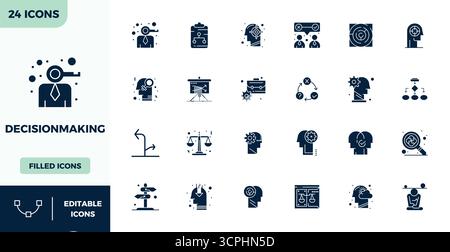 Revolutionary set of 24 PIXEL perfect vector icons inspired by DecisionMaking, created in Filled format at 128x128 resolution for cutting-edge design. Stock Vector