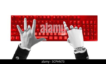 Composition of human and robotic hands typing on red keyboard symbolizing digital cooperation Stock Photo