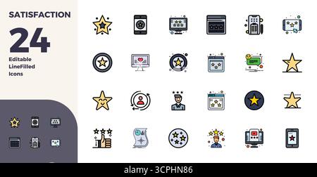 Collection of 24 Duotone PIXEL perfect vector icons for Satisfaction, designed in 128x128 format for clarity and versatility. Stock Vector