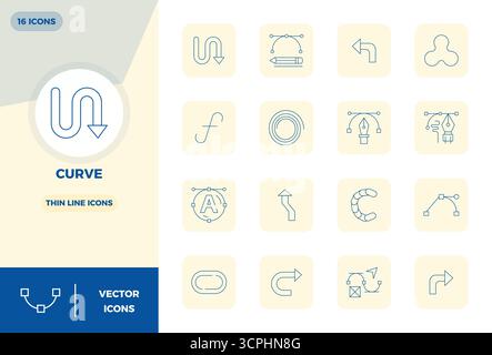 Meticulously crafted 16 Thin Line vector icons for Curve, delivered in 128x128 PIXEL perfect quality for uncompromising design standards. Stock Vector