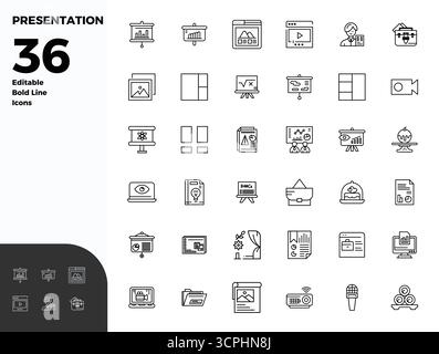 Intelligently designed 36 PIXEL perfect vector icons inspired by Presentation, created in Bold Line format at 128x128 for smart and efficient design w Stock Vector