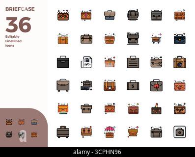 Set of 36 Duotone PIXEL perfect vector icons themed around Briefcase, crafted in 128x128 resolution for seamless integration in apps and websites. Stock Vector
