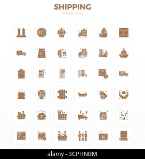 Comprehensive toolkit of 36 vector icons themed around Shipping, developed in SolidFill with 128x128 PIXEL perfect precision for versatile design appl Stock Vector