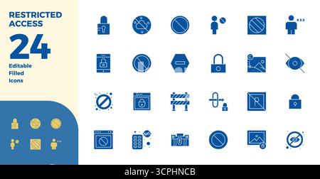 Innovative pack of 24 vector icons themed around Restricted Access, showcasing Glyph Filled design in 128x128 PIXEL perfect format for modern digital Stock Vector