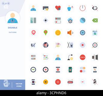 Download 42 scalable Flat vector icons designed for Disable, featuring PIXEL perfect 128x128 resolution suitable for professional and creative project Stock Vector