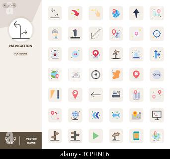 Collection of 42 Flat PIXEL perfect vector icons for Navigation, designed in 128x128 format for clarity and versatility. Stock Vector