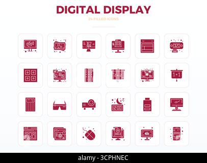 Professionally designed 24 vector icons in SolidFill, capturing the essence of Digital Display with 128x128 PIXEL perfect precision for UI design. Stock Vector
