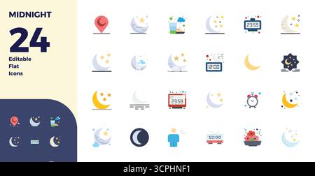 Artfully designed 24 Flat PIXEL perfect vector icons for Midnight, delivered in 128x128 format for consistent visual excellence. Stock Vector