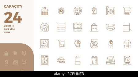 Meticulously crafted 24 Bold Line vector icons for Capacity, delivered in 128x128 PIXEL perfect quality for uncompromising design standards. Stock Vector