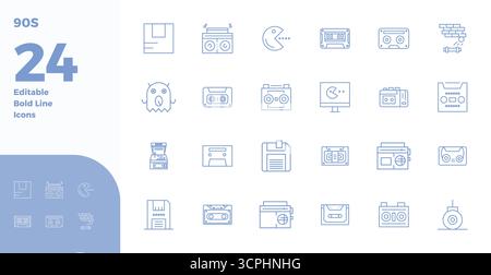This 90S vector icon pack includes 24 Bold Line designs in 128x128 PIXEL perfect format, perfect for enhancing digital interfaces. Stock Vector