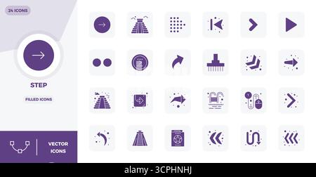 Beautifully rendered 24 Filled PIXEL perfect vector icons for Step, created at 128x128 resolution for stunning visual consistency across platforms. Stock Vector