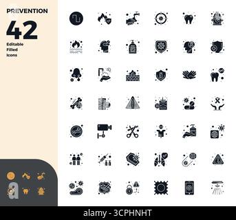 This Prevention vector icon pack includes 42 Glyph Filled designs in 128x128 PIXEL perfect format, perfect for enhancing digital interfaces. Stock Vector