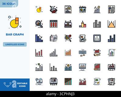 Discover a set of 36 Flat Lineal Color vector icons crafted for the Bar Graph theme, featuring 128x128 PIXEL perfect designs ideal for modern UI/UX pr Stock Vector
