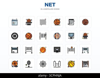 Sophisticated bundle of 24 LineFill vector icons for Net, engineered with 128x128 PIXEL perfect clarity for professional applications. Stock Vector