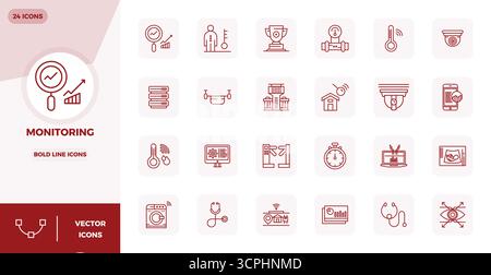 Premium collection of 24 Bold Line vector icons for Monitoring, meticulously crafted in 128x128 PIXEL perfect resolution for superior visual impact. Stock Vector