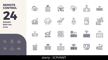Professional-grade collection of 24 Bold Line vector icons representing Remote Control, crafted with 128x128 PIXEL perfect precision for enterprise ap Stock Vector