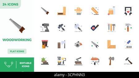 Contemporary collection of 24 vector icons representing Woodworking in Flat Color aesthetic, featuring 128x128 PIXEL perfect resolution for modern app Stock Vector