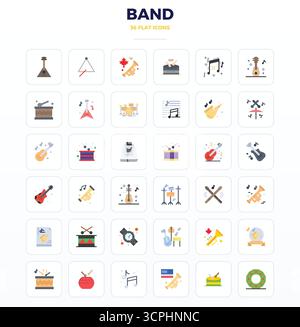 Revolutionary set of 36 PIXEL perfect vector icons inspired by Band, created in Minimal Flat format at 128x128 resolution for cutting-edge design. Stock Vector