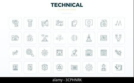 Contemporary collection of 32 vector icons representing Technical in Thin Outline aesthetic, featuring 128x128 PIXEL perfect resolution for modern app Stock Vector