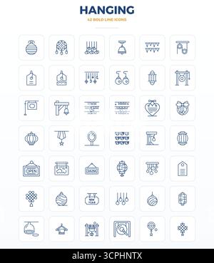 This collection features 42 Strong Outline PIXEL perfect vector icons tailored to the Hanging theme, optimized in 128x128 format for digital design. Stock Vector