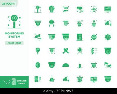 Enhance your projects with 36 Filled vector icons themed around Monitoring System, featuring 128x128 PIXEL perfect resolution ideal for clean and prof Stock Vector