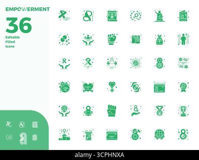 Intelligently designed 36 PIXEL perfect vector icons inspired by Empowerment, created in Glyph Filled format at 128x128 for smart and efficient design Stock Vector