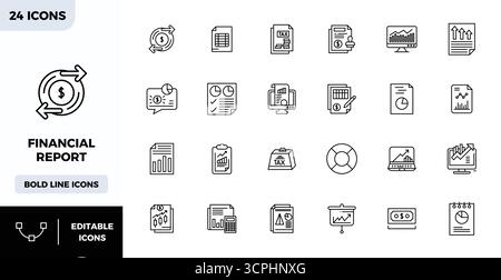 Strategic bundle featuring 24 vector icons representing Financial Report in Heavy Line format, optimized with 128x128 PIXEL perfect quality for profes Stock Vector