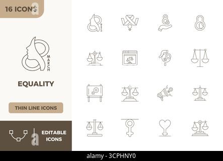 Unlock 16 Minimal Line PIXEL perfect vector icons inspired by Equality, optimized in 128x128 format for flawless display across all devices. Stock Vector