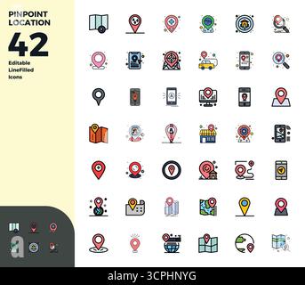 Thoughtfully designed 42 vector icons themed around Pinpoint Location, crafted in Duotone with 128x128 PIXEL perfect precision for contemporary design Stock Vector