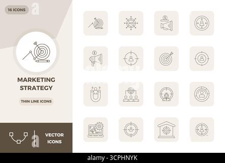 Enhance your projects with 16 Thin Line vector icons themed around Marketing Strategy, featuring 128x128 PIXEL perfect resolution ideal for clean and Stock Vector