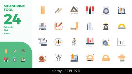 Industry-leading pack of 24 Flat PIXEL perfect vector icons for Measuring Tool, sized at 128x128 for optimal rendering and user interface excellence. Stock Vector