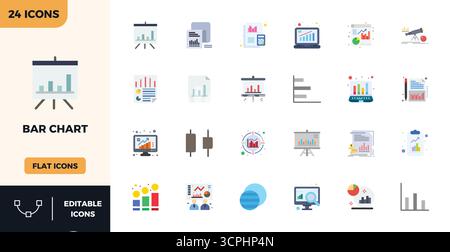 Discover a set of 24 Flat Color vector icons crafted for the Bar Chart theme, featuring 128x128 PIXEL perfect designs ideal for modern UI/UX projects. Stock Vector