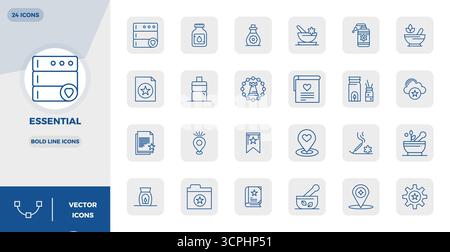 A versatile set of 24 Bold Line PIXEL perfect vector icons focused on Essential, delivered in crisp 128x128 format ideal for mobile and web applicatio Stock Vector